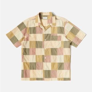 Universal Works Road Shirt In Sand Patchwork Chambray